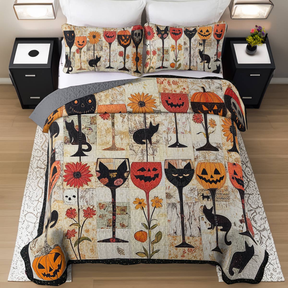Shineful All Season Quilt 3-Piece Set Cute Halloween Wine Glasses