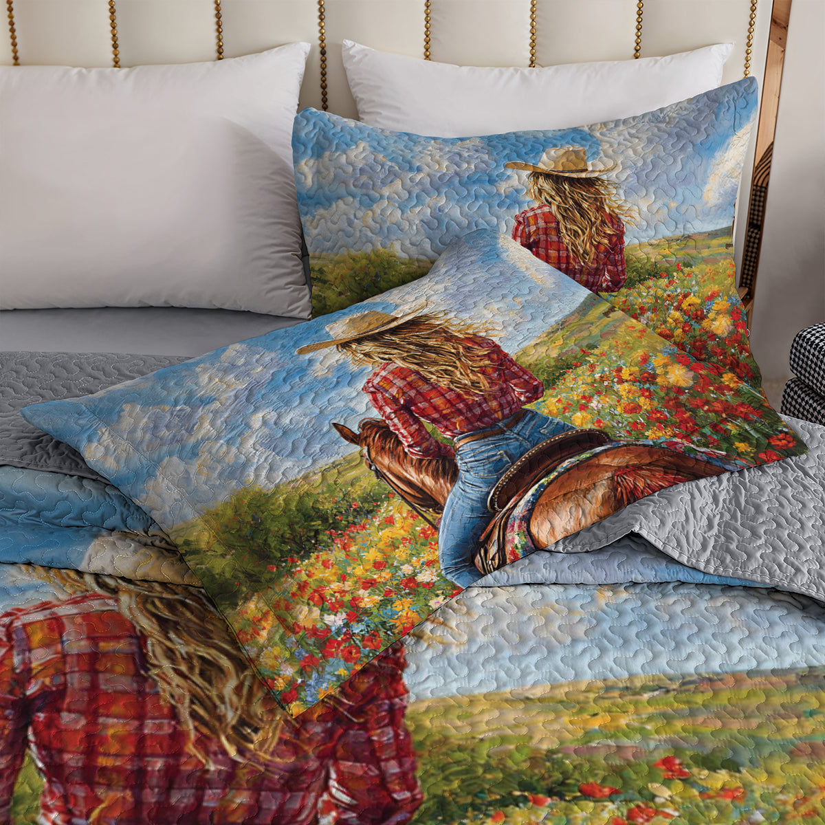Shineful All Season Quilt 3-Piece Set Cowgirl And Horse On Flower Field