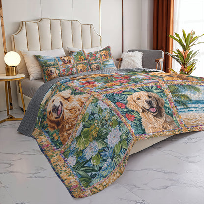 Shineful All Season Quilt 3-Piece Set  Golden Retriever Beach & Floral