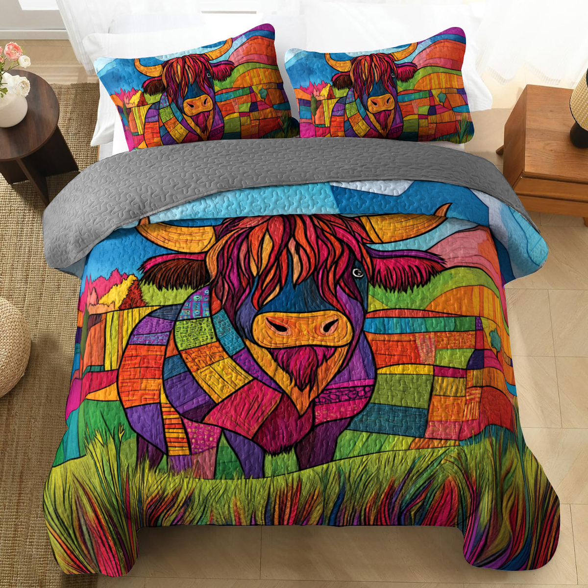 Shineful All Season Quilt 3-Piece Set - Vibrant Highland Cow