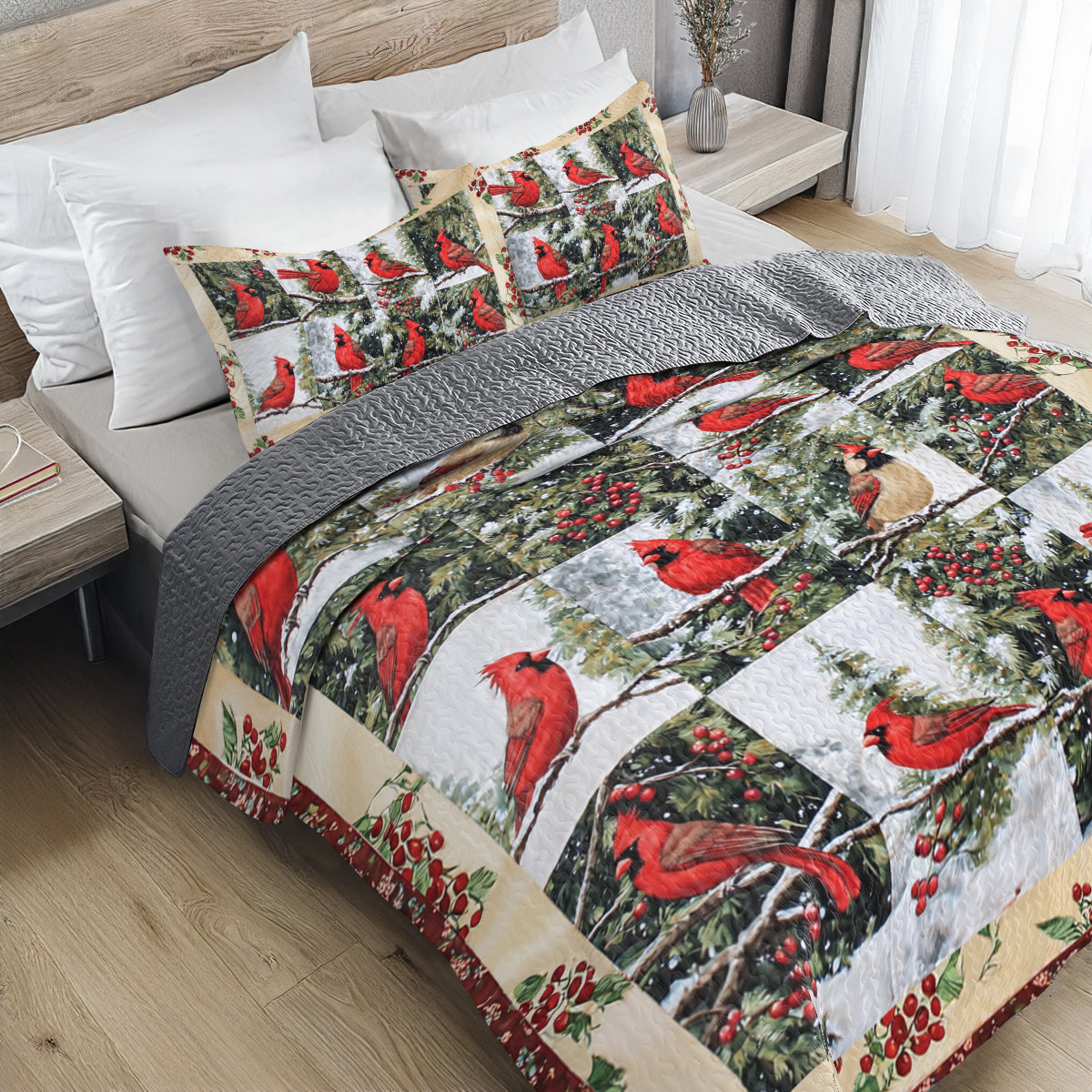 Shineful All Season Quilt 3-Piece Set Festive Cardinal