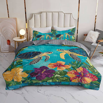 Shineful All Season Quilt 3-Piece Set - Sea Turtle & Tropical Flower