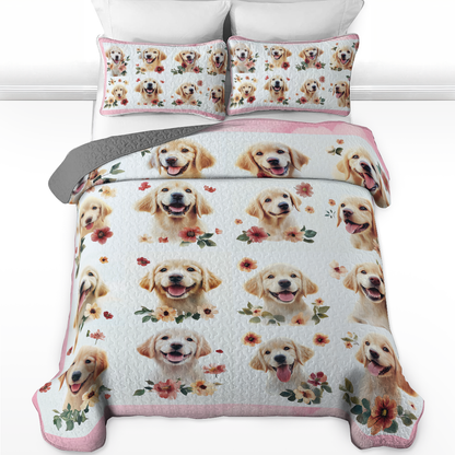 Shineful All Season Quilt 3-Piece Set - Golden with Flowers