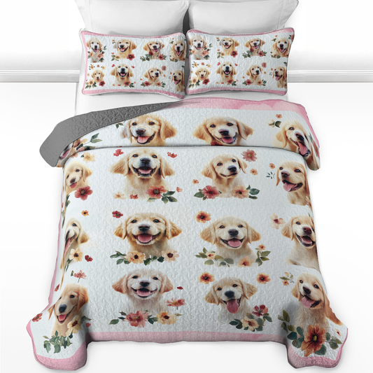 Shineful All Season Quilt 3-Piece Set - Golden with Flowers