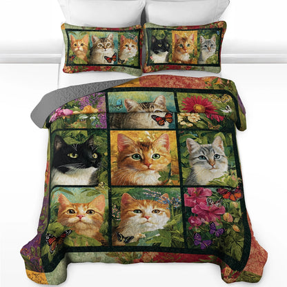 Shineful All Season Quilt 3-Piece Set Meadow Garden Cats