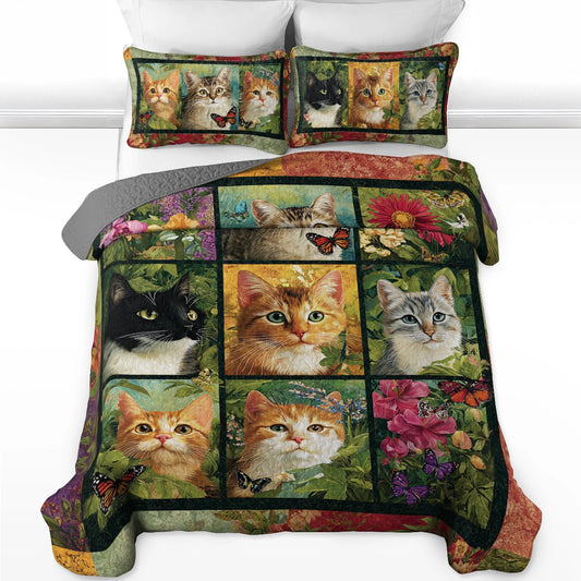 Shineful All Season Quilt 3-Piece Set Meadow Garden Cats