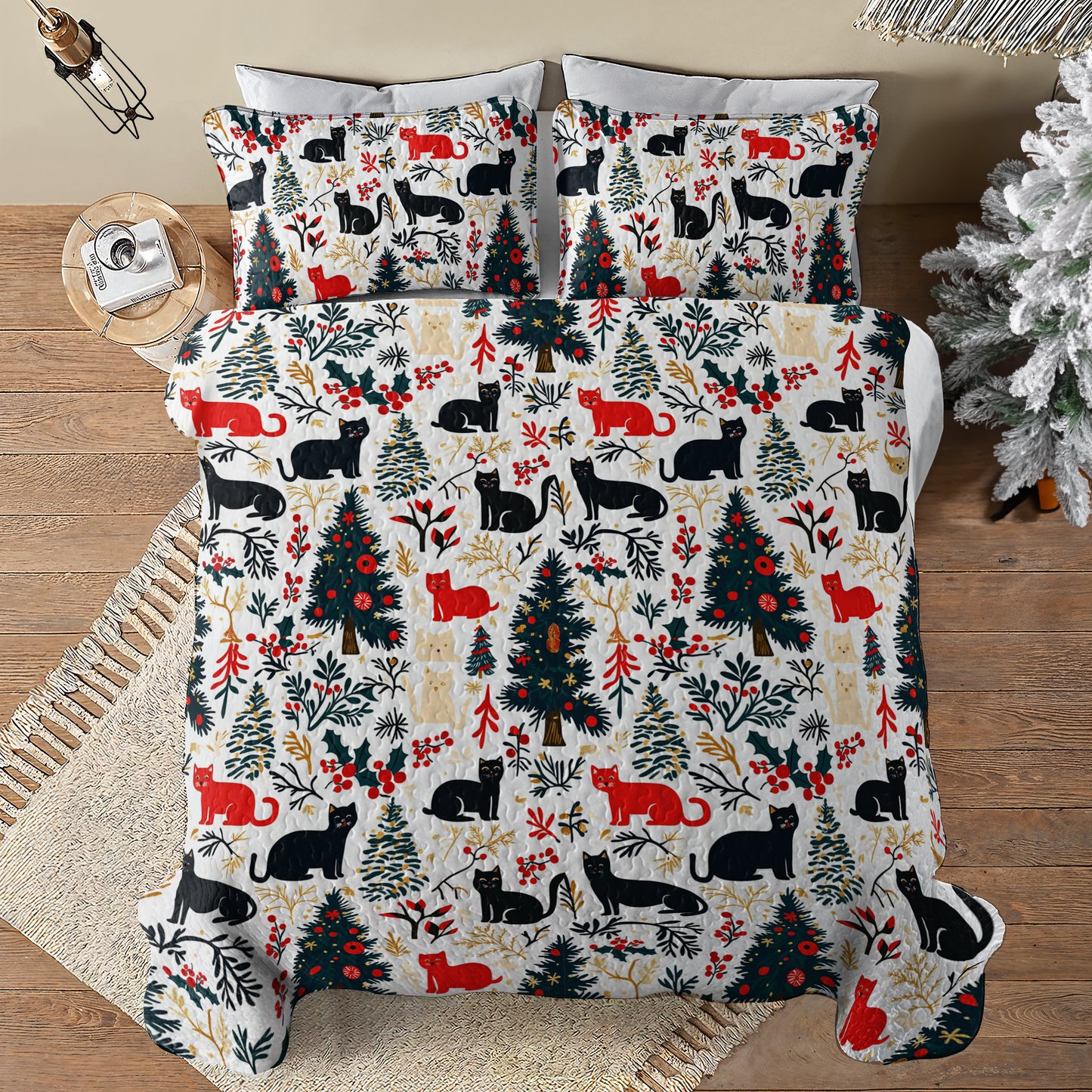 Shineful All Season Quilt 3-Piece Set Beautiful Cats Christmas