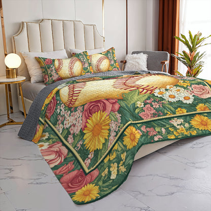 Shineful All Season Quilt 3-Piece Set Floral Softball Dream
