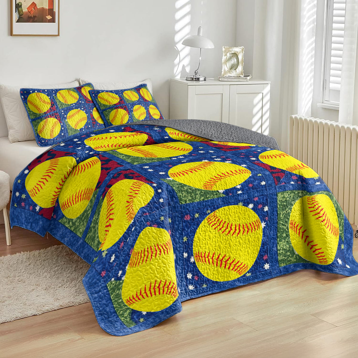 Shineful All Season Quilt 3-Piece Set Softball Patchwork