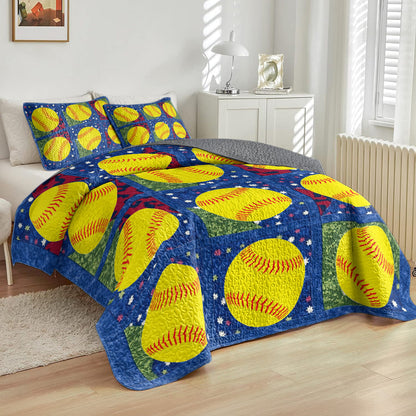 Shineful All Season Quilt 3-Piece Set Softball Patchwork