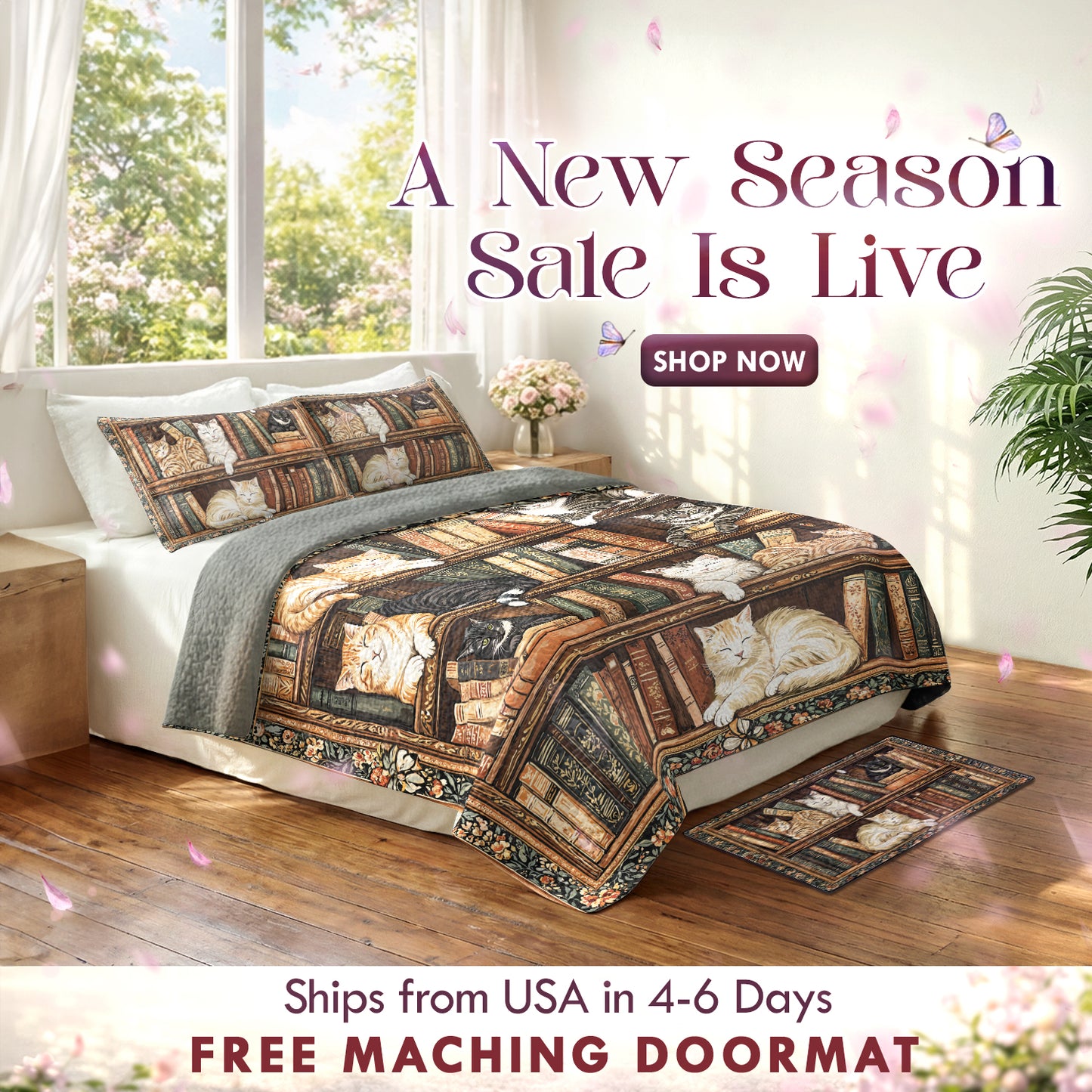 Shineful Quilt 3-Piece Set Book Nook Cats Reading