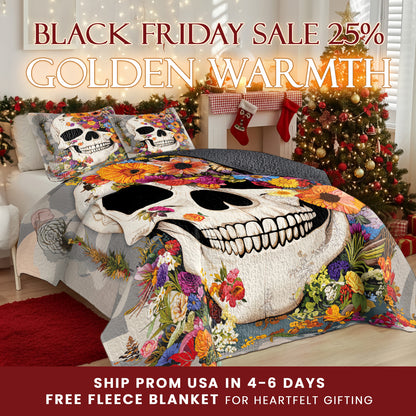 Shineful Quilt 3-Piece Set Skull Blossom