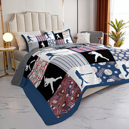 Shineful All Season Quilt 3-Piece Set Patriotic Baseball Patchwork