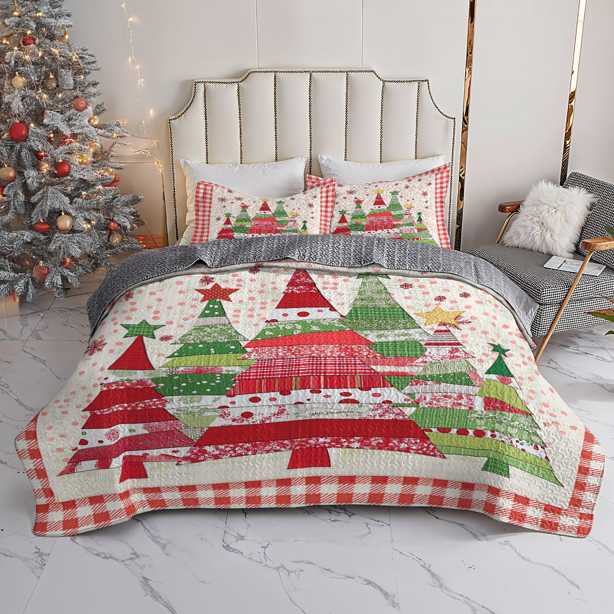 Shineful All Season Quilt 3-Piece Set Polka Dot Christmas Tree