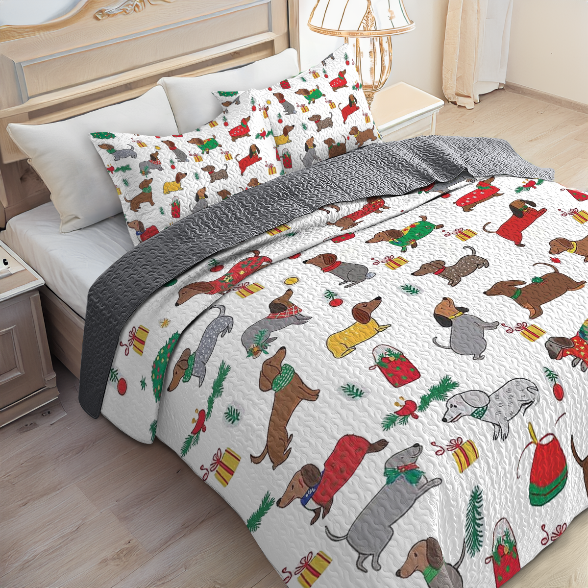 Shineful All Season Quilt 3-Piece Set - Christmas Dachshund Cheer