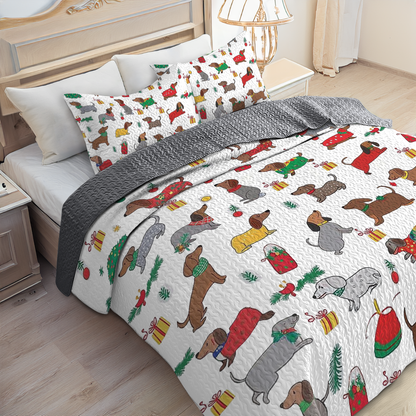 Shineful All Season Quilt 3-Piece Set - Christmas Dachshund Cheer