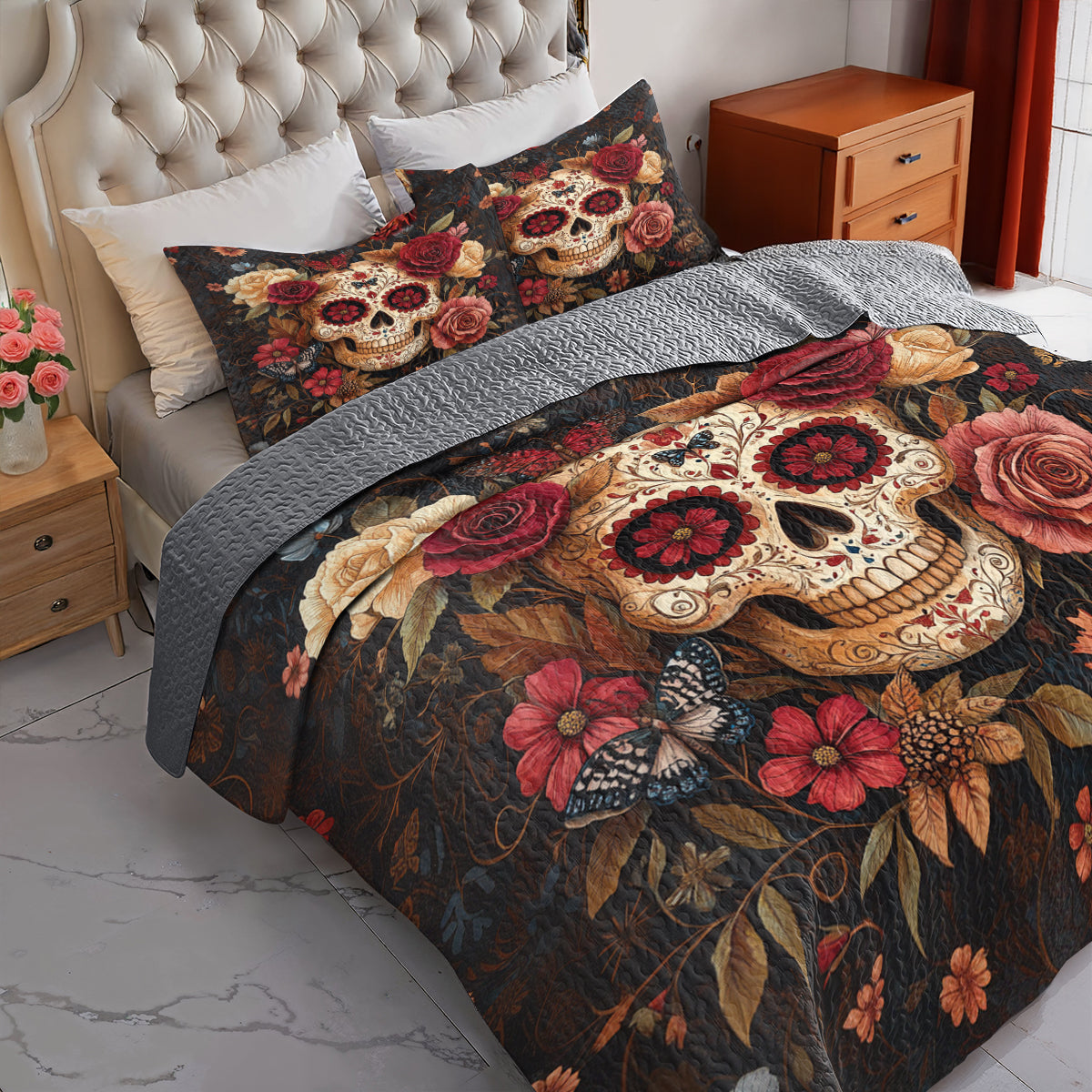 Shineful All Season Quilt 3-Piece Set - Dark Bloom Sugar Skull