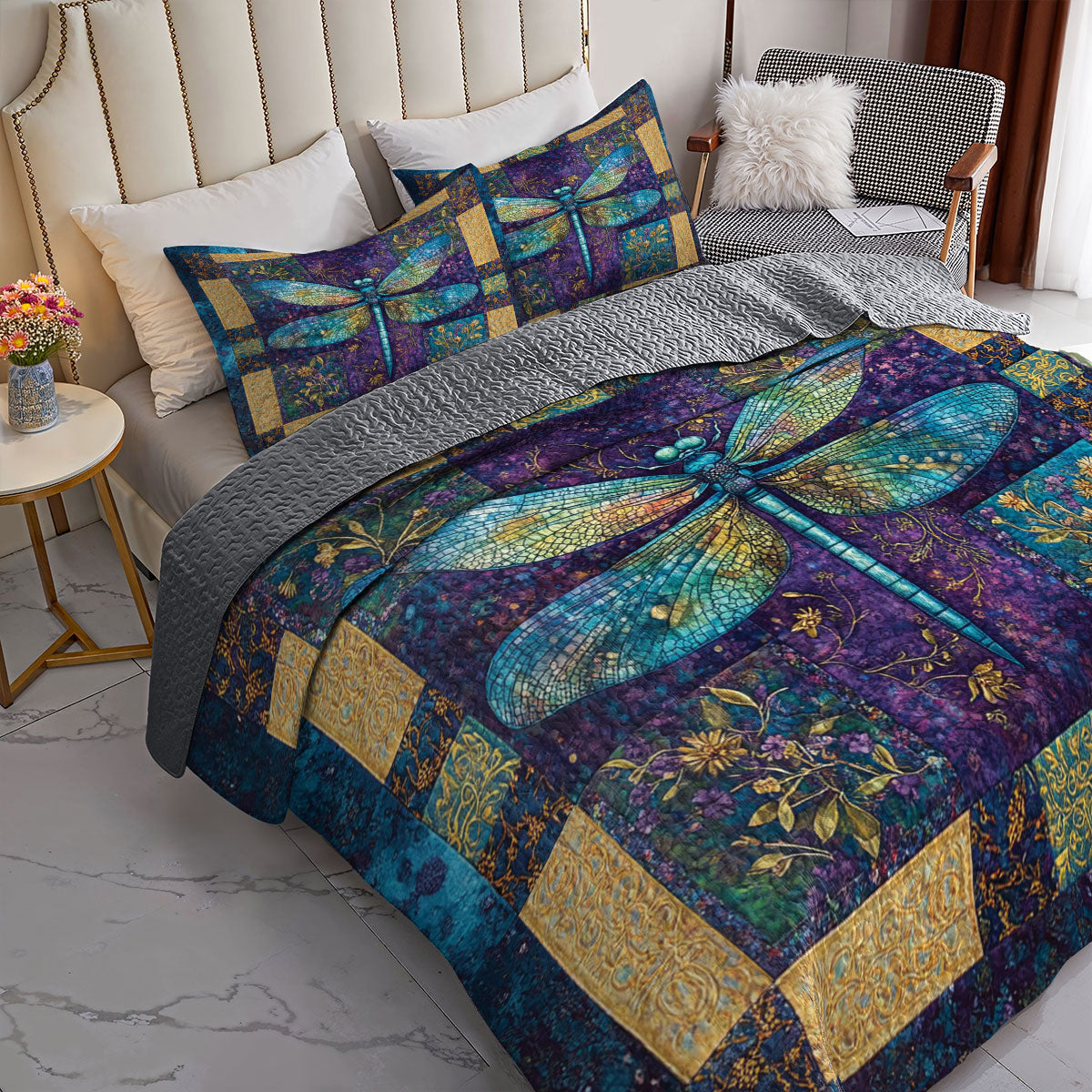 Shineful All Season Quilt 3-Piece Set Pretty Dragonfly