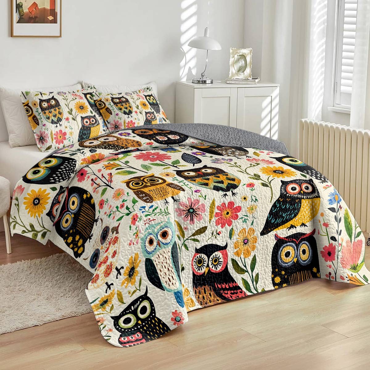 Shineful All Season Quilt 3-Piece Set Gentle Flowers Owl