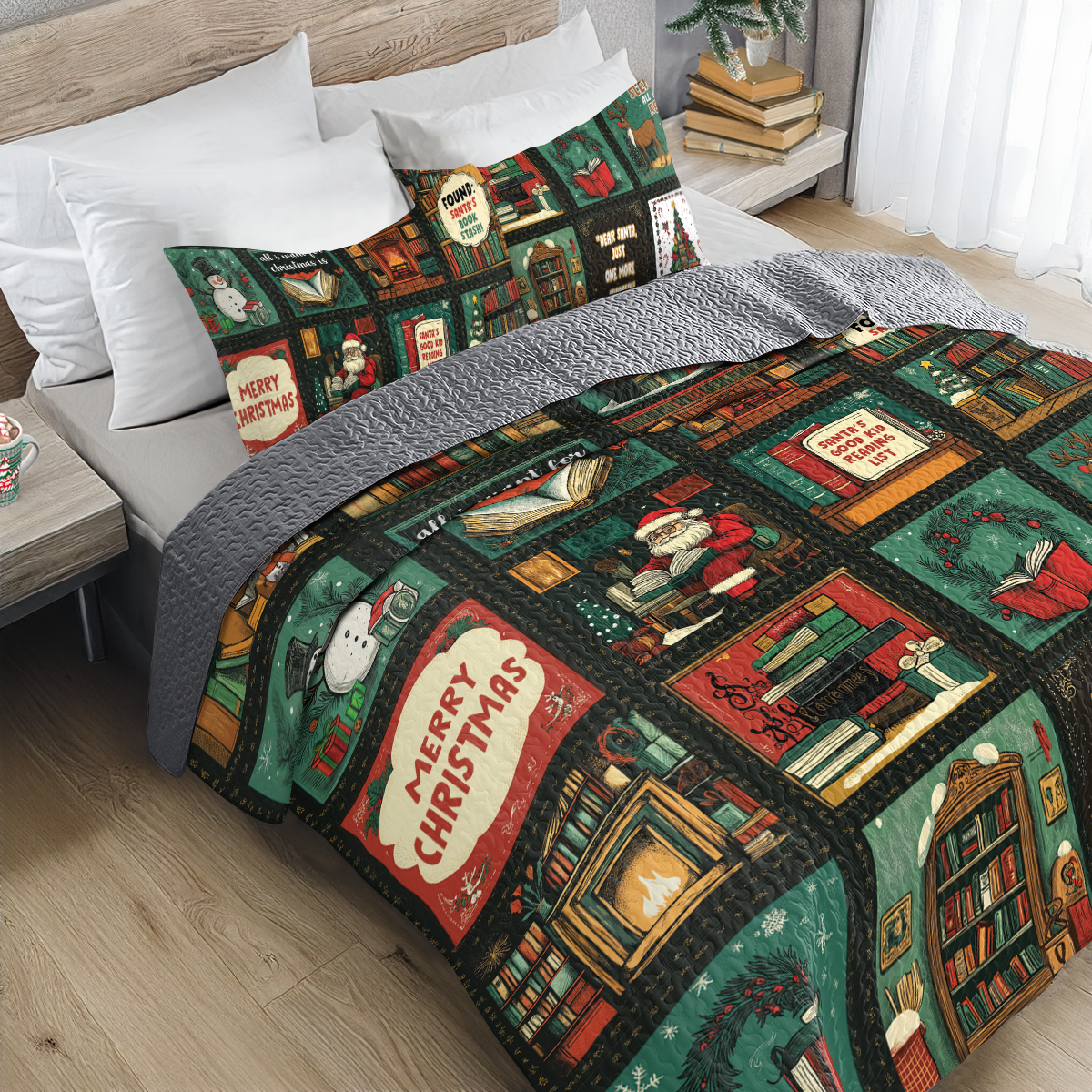 Shineful All Season Quilt 3-Piece Set Santa Reading Nook