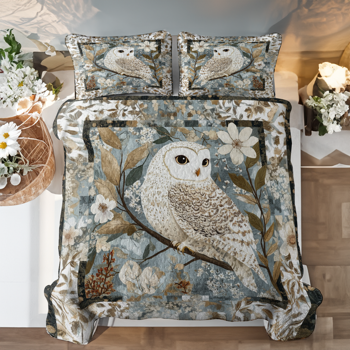 Shineful All Season Quilt 3-Piece Set Charming Owl Flowers