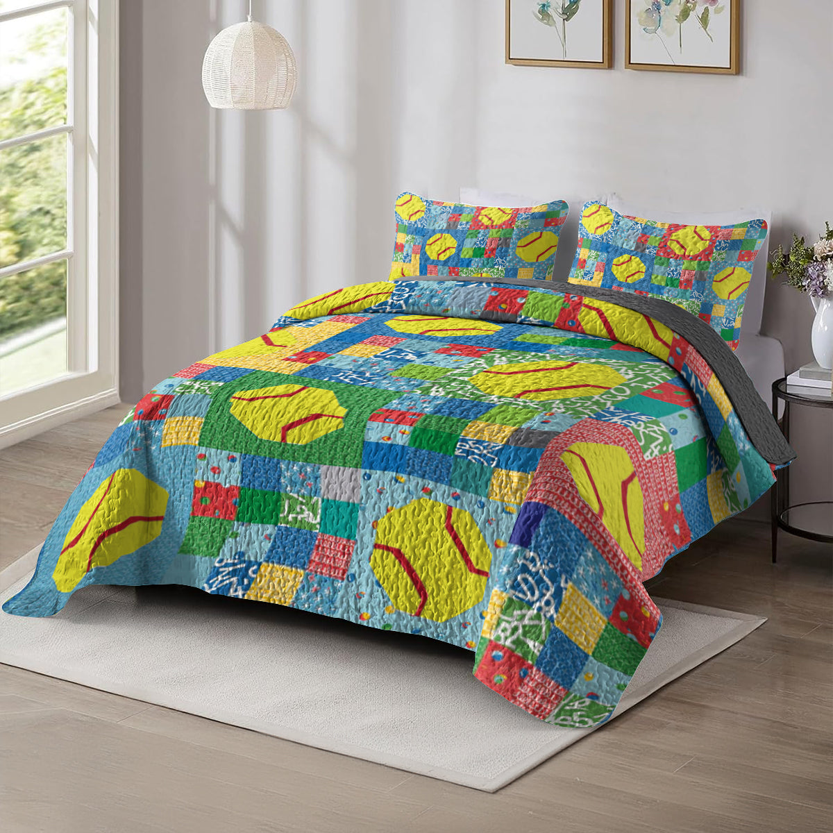 Shineful All Season Quilt 3-Piece Set Bright Softbal Patchwork