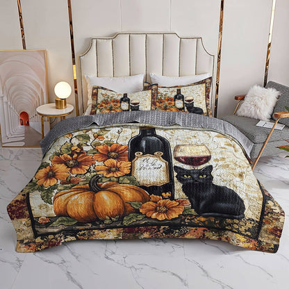 Shineful All Season Quilt 3-Piece Set Elegance Black Cat Wine Lovely