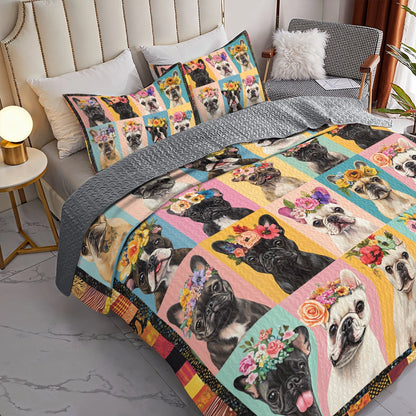 Shineful All Season Quilt 3-Piece Set Frenchie Flower Fiesta