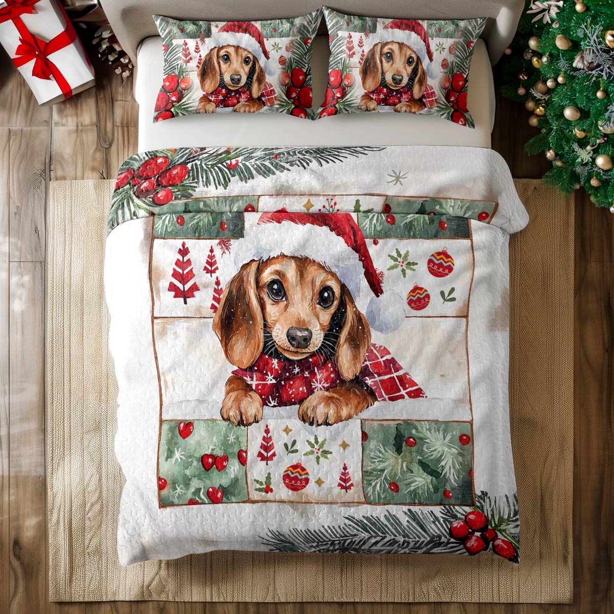 Shineful All Season Quilt 3-Piece Set Festive Dachshund