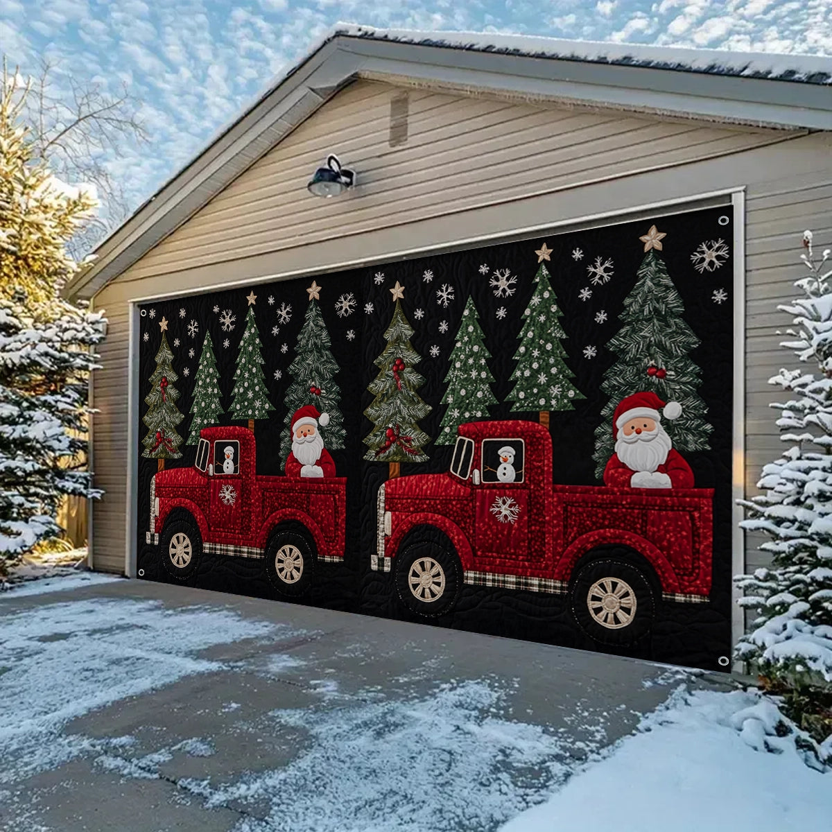 Shineful Garage Door Banner Decoration Santa’s Red Truck and Festive Pines