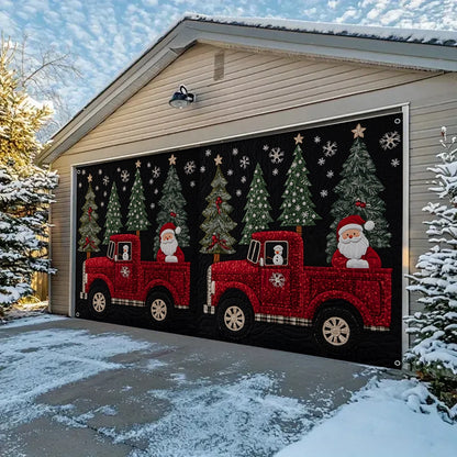 Shineful Garage Door Banner Decoration Santa’s Red Truck and Festive Pines