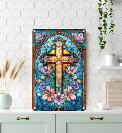 Shineful 2D Metal Sign Sapphire Cathedral Cross