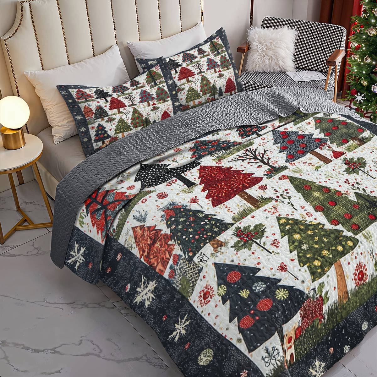 Shineful All Season Quilt 3-Piece Set Charming Christmas Tree Forest