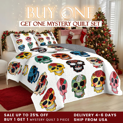 Shineful Quilt 3-Piece Set Colorful Sugar Skull Roses