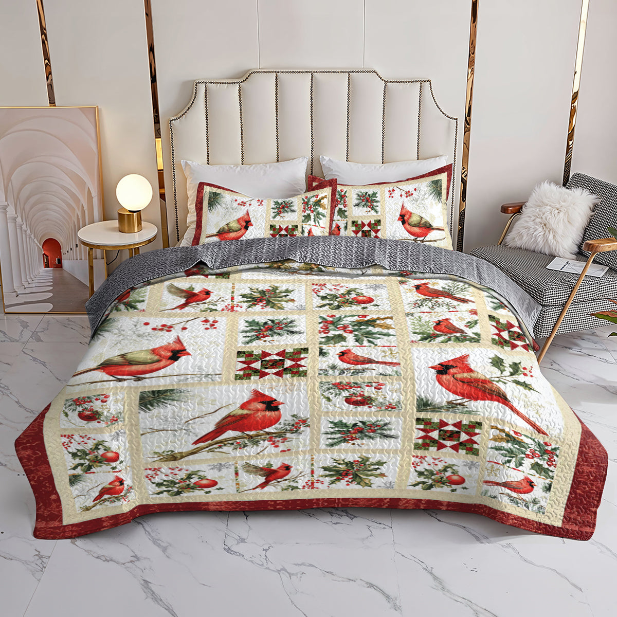 Shineful All Season Quilt 3-Piece Set Cardinal Winter Christmas