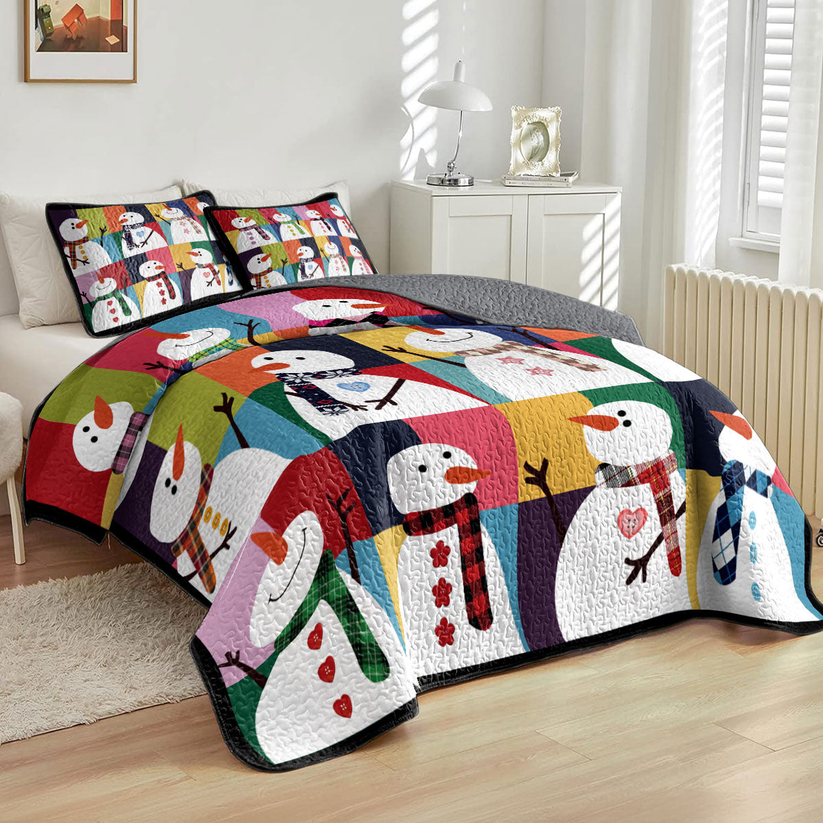 Shineful All Season Quilt 3-Piece Set Colorful Snowman Joy