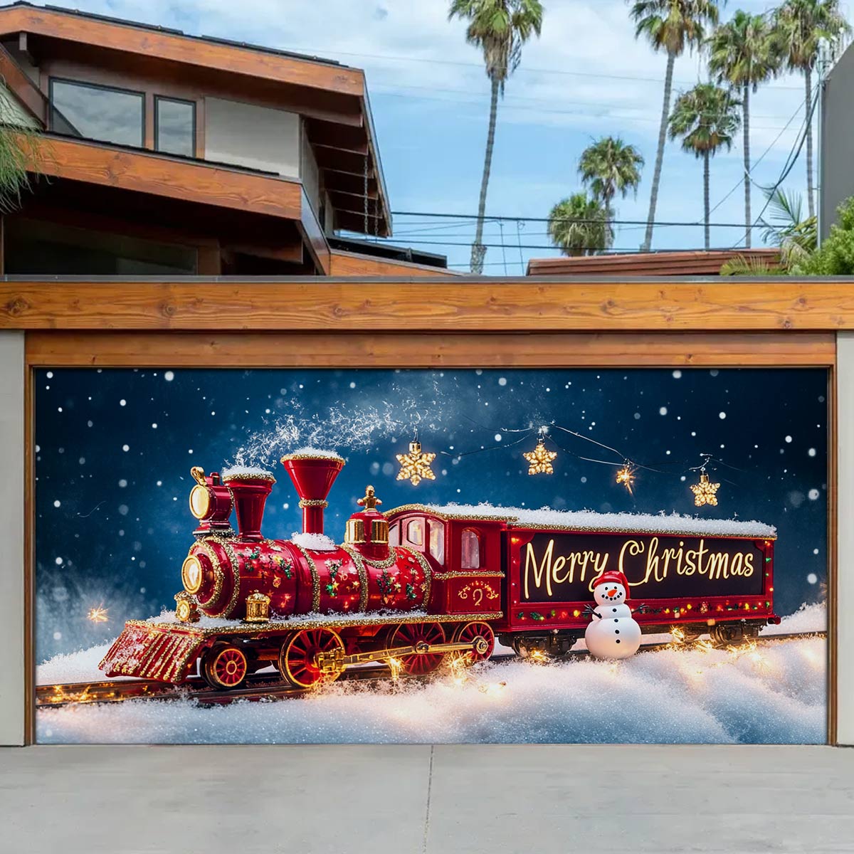 Shineful Garage Door Banner Decoration Merry Christmas Steam Engine