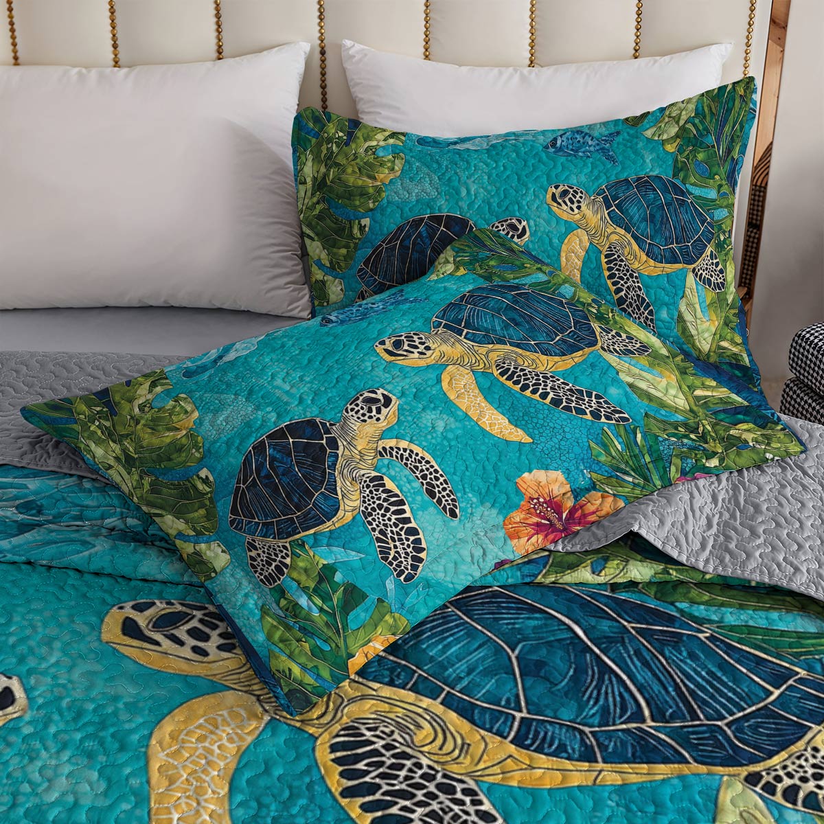 Shineful All Season Quilt 3-Piece Set - Sea Turtle & Tropical Flower