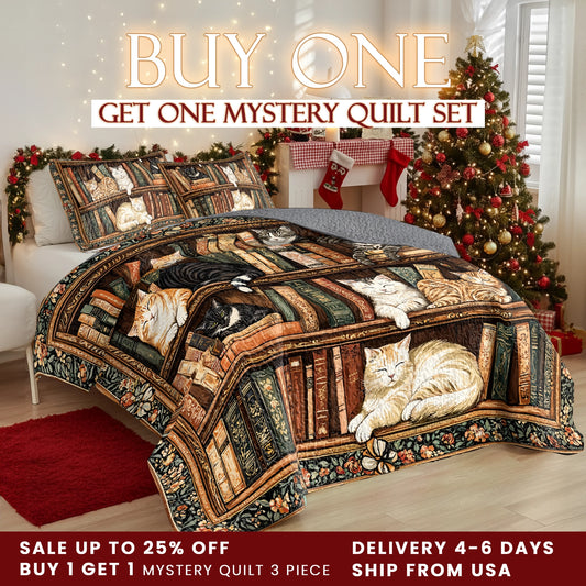 Shineful Quilt 3-Piece Set Book Nook Cats Reading