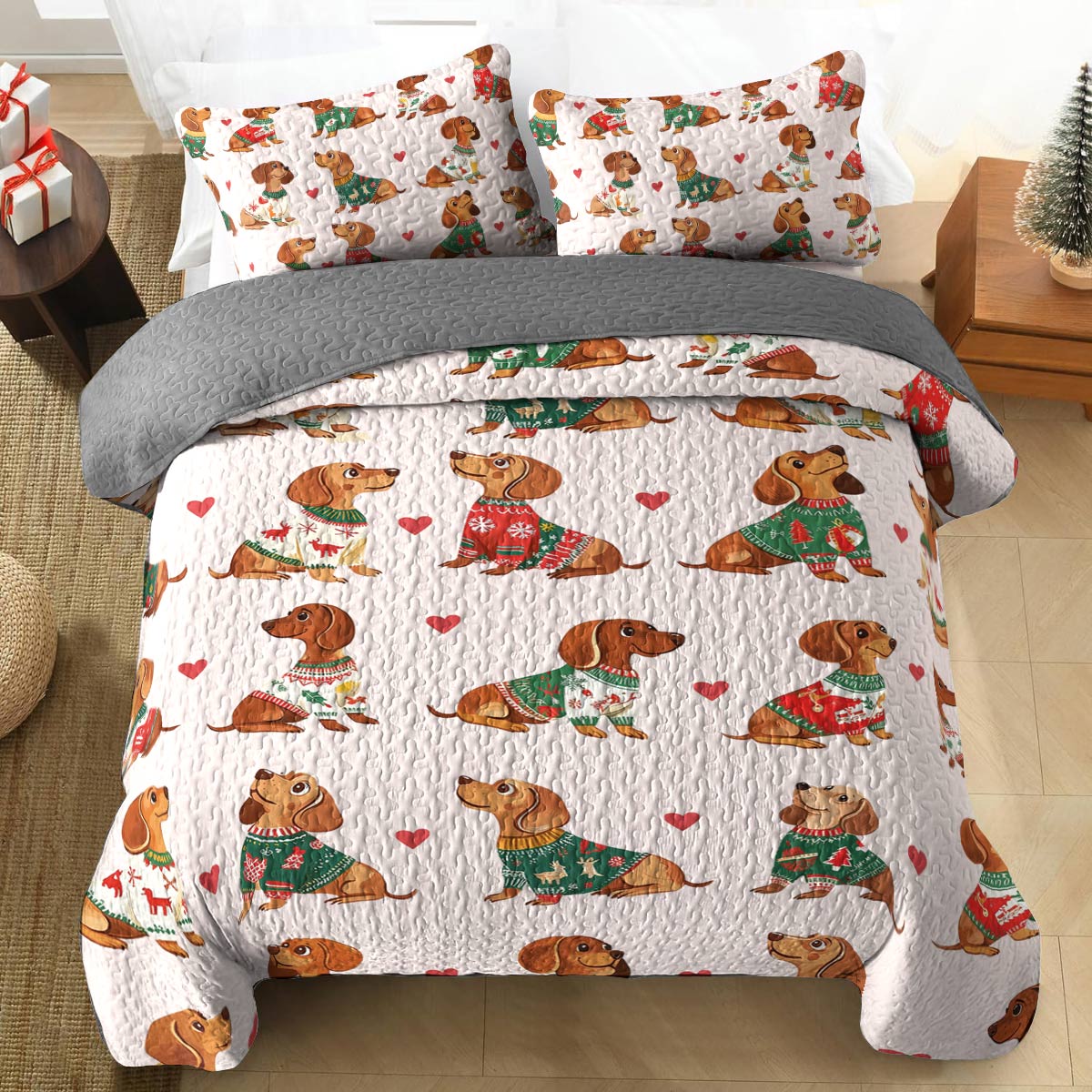 Shineful All Season Quilt 3-Piece Set - Festive Dachshund Sweater Delight