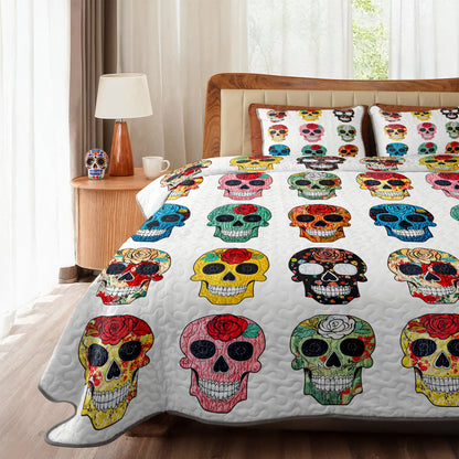 Shineful Quilt 3-Piece Set Colorful Sugar Skull Roses