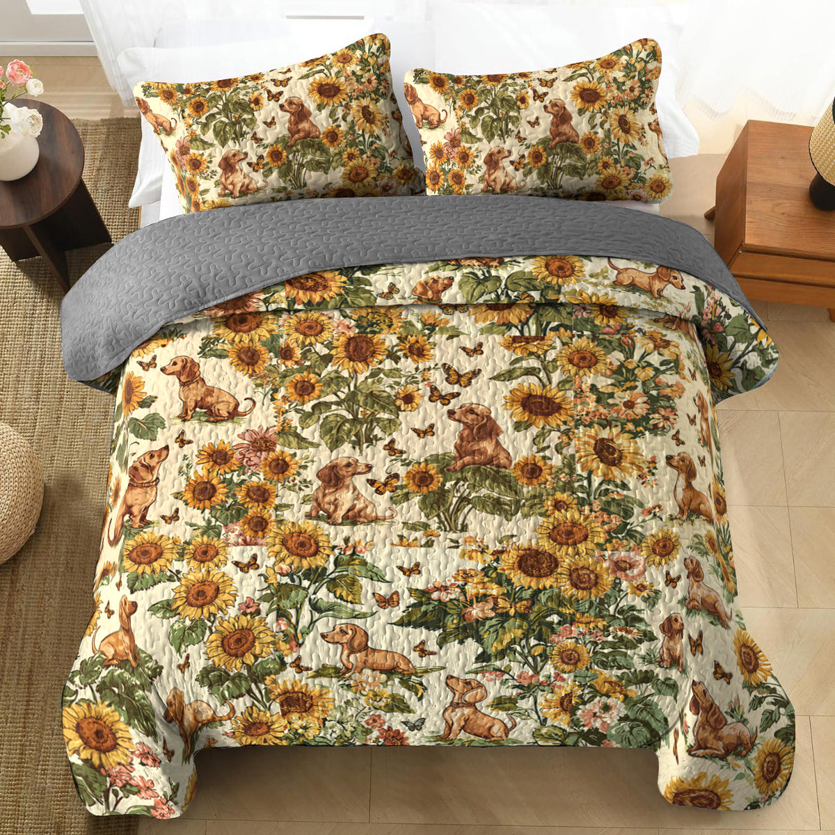 Shineful All Season Quilt 3-Piece Set Sunflower Dachshund Patch
