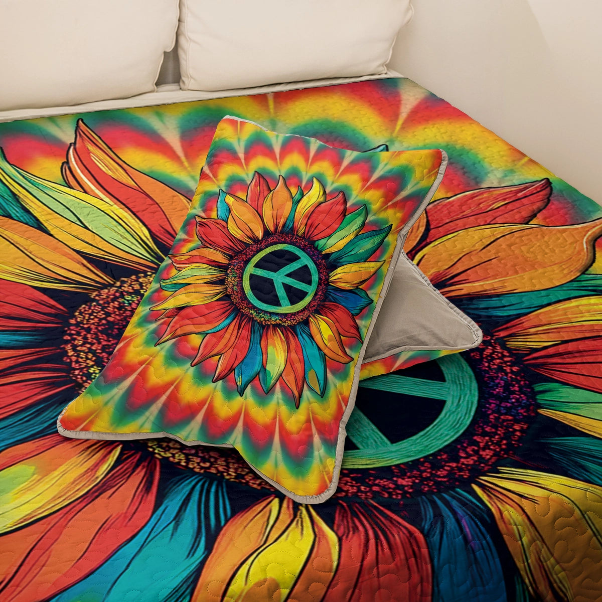 Shineful All Season Quilt 3-Piece Set - Hippie Peace & Love Sunflower