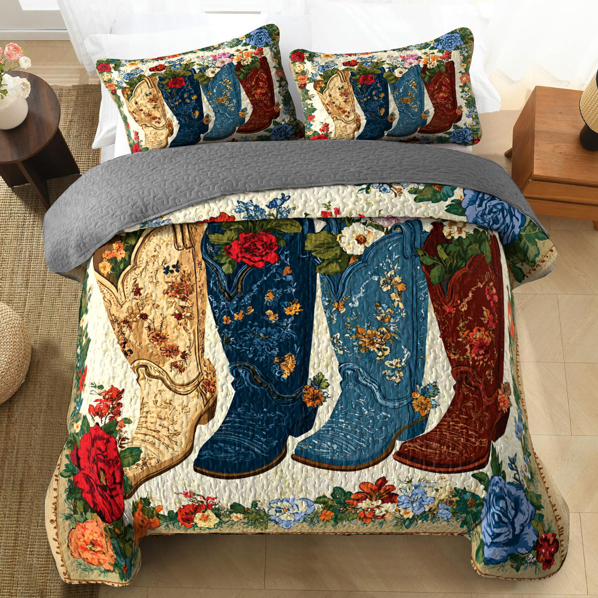 Shineful All Season Quilt 3-Piece Set Cowboy Boots And Flowers
