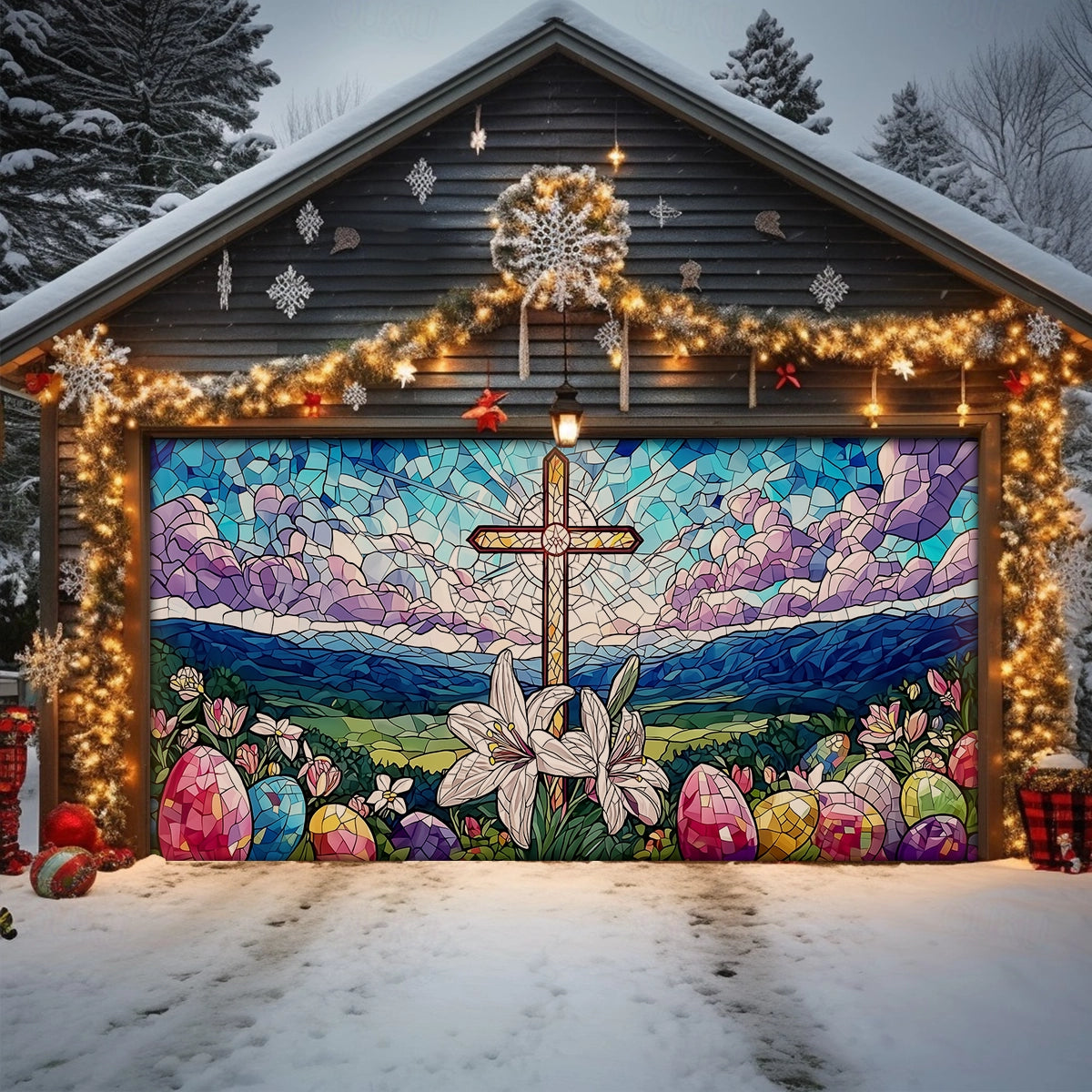 Shineful Garage Door Banner Decoration Resurrection in Full Bloom
