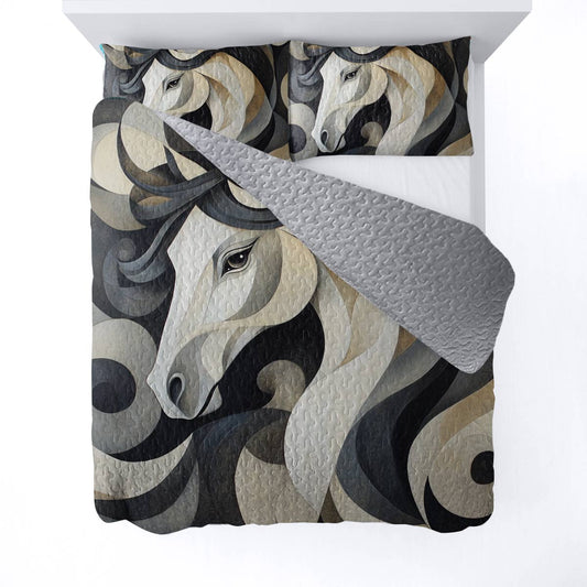 Shineful All Season Quilt 3-Piece Set Black and White Horse Cowboy