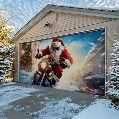 Shineful Garage Door Banner Decoration Holiday Rush Santa Motorcycle
