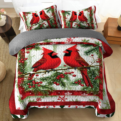 Shineful All Season Quilt 3-Piece Set - Festive Cardinals and Holly Quilt