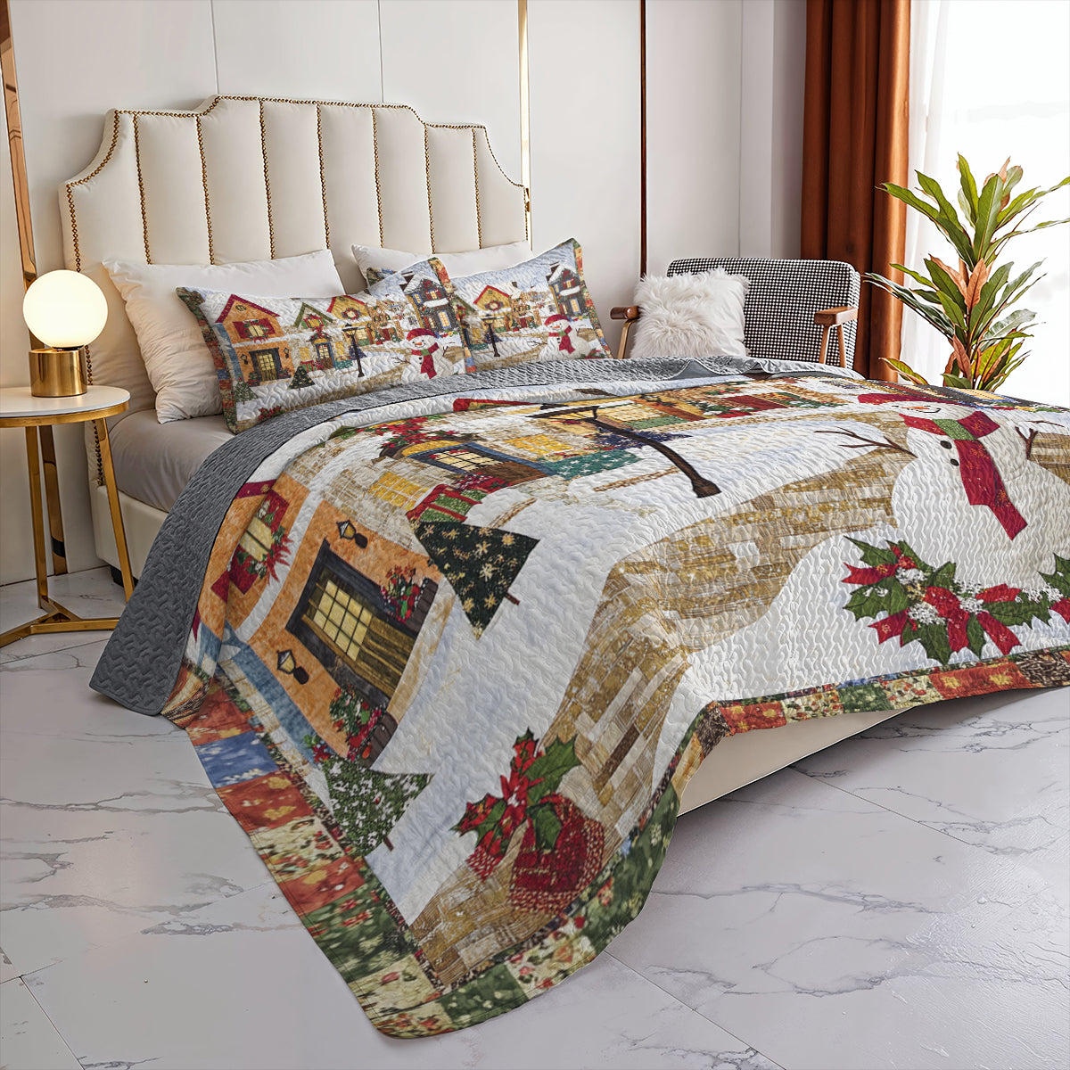 Shineful All Season Quilt 3-Piece Set Festive Snowman Village
