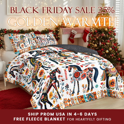 Shineful Quilt 3-Piece Set Horse Floral Pattern